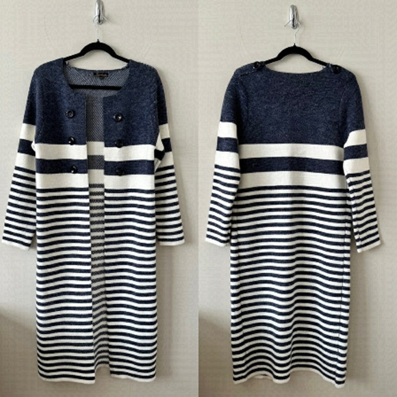 Baciano By Bacci Sweaters - Baciano By Bacci-Blue & White Long Cozy Open Front Cardigan (Size:Large)